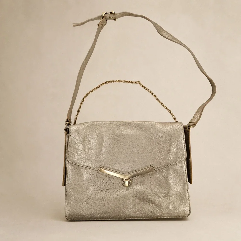Botkier Metallic Champagne Leather Crossbody Bag Chain Handle Turnlock Closure